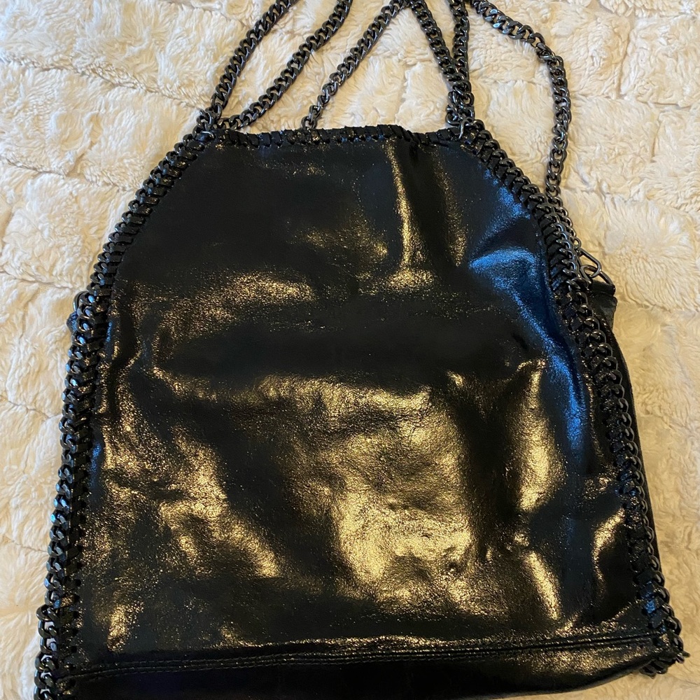 Black Shoulder Bag with Chain Straps and Glossy Finish